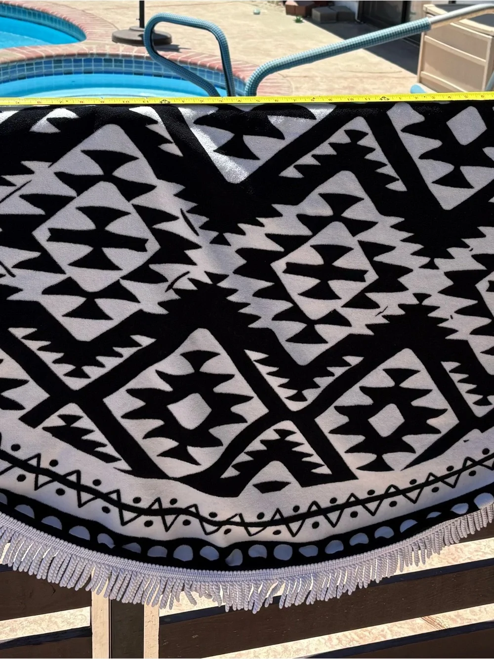 LOFT Black and White Round Beach Towel with Fringe Trim